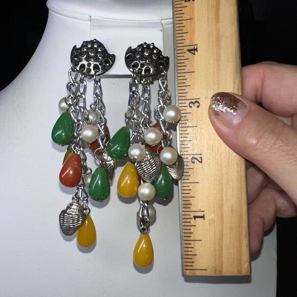 Vintage MCM Silver Tone and Beaded Cascade Clip Earrings - Picture 5 of 8